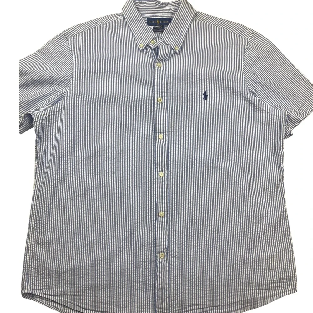 Ralph Lauren Mens XL Seersucker Shirt Blue White Stripe RL Untucked Classic Fit